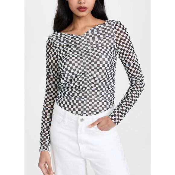 Baum Und Pferdgarten Tops - BAUM UND PFERDGARTEN Joselle Mesh Top Womens Medium Black White Check Stretch